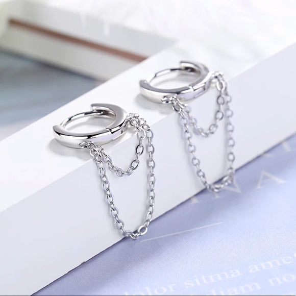 NEW 925 STERLING SILVER HOOP CHAIN EARRINGS, NICE EARRINGS, CUTE EARRINGS - Picture 2 of 5